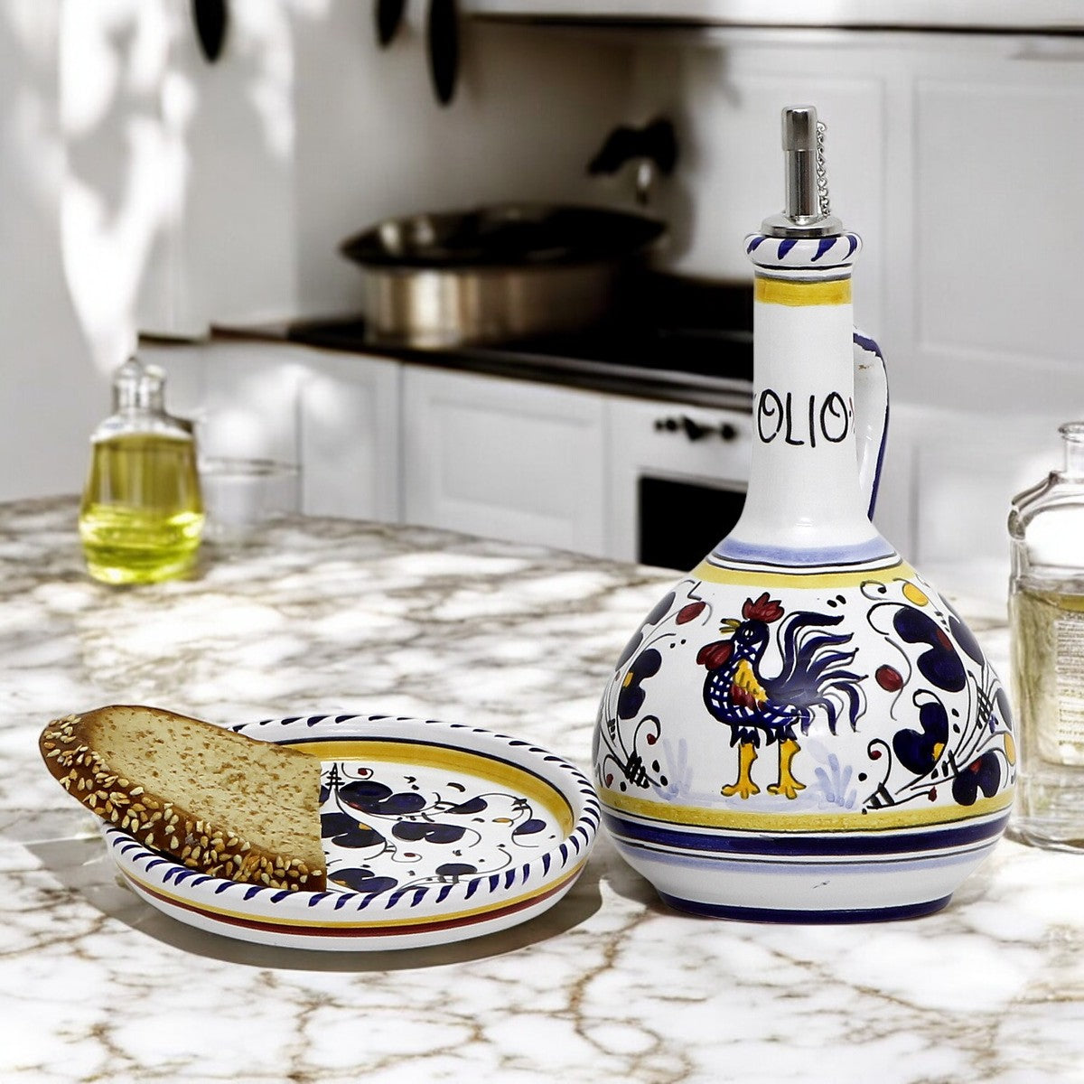 ORVIETO BLUE ROOSTER: Olive Oil Bottle Dispenser Deluxe with Dipping Bowl Tray
