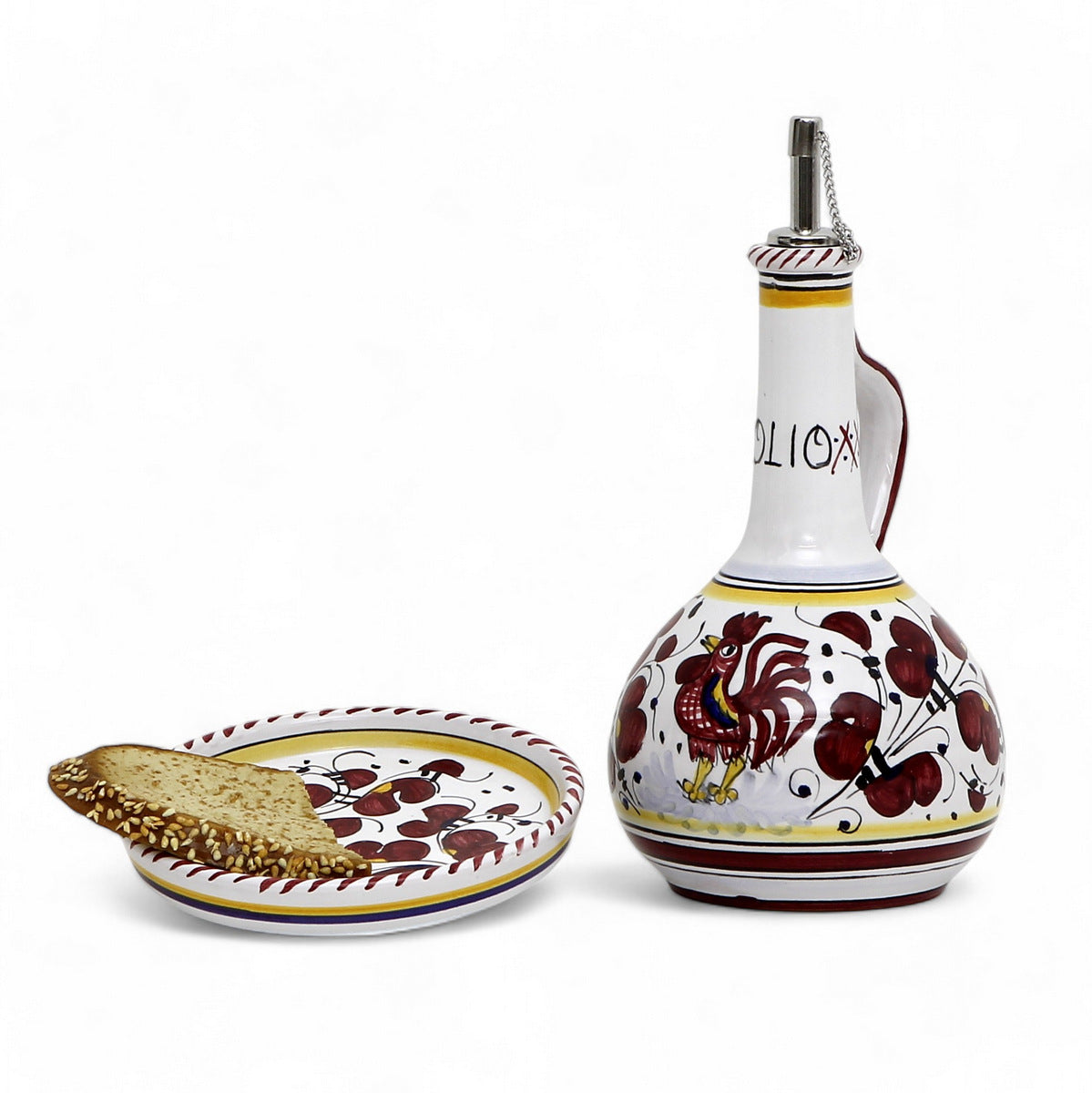 ORVIETO RED ROOSTER: Olive Oil Bottle Dispenser Deluxe with Dipping Bowl Tray
