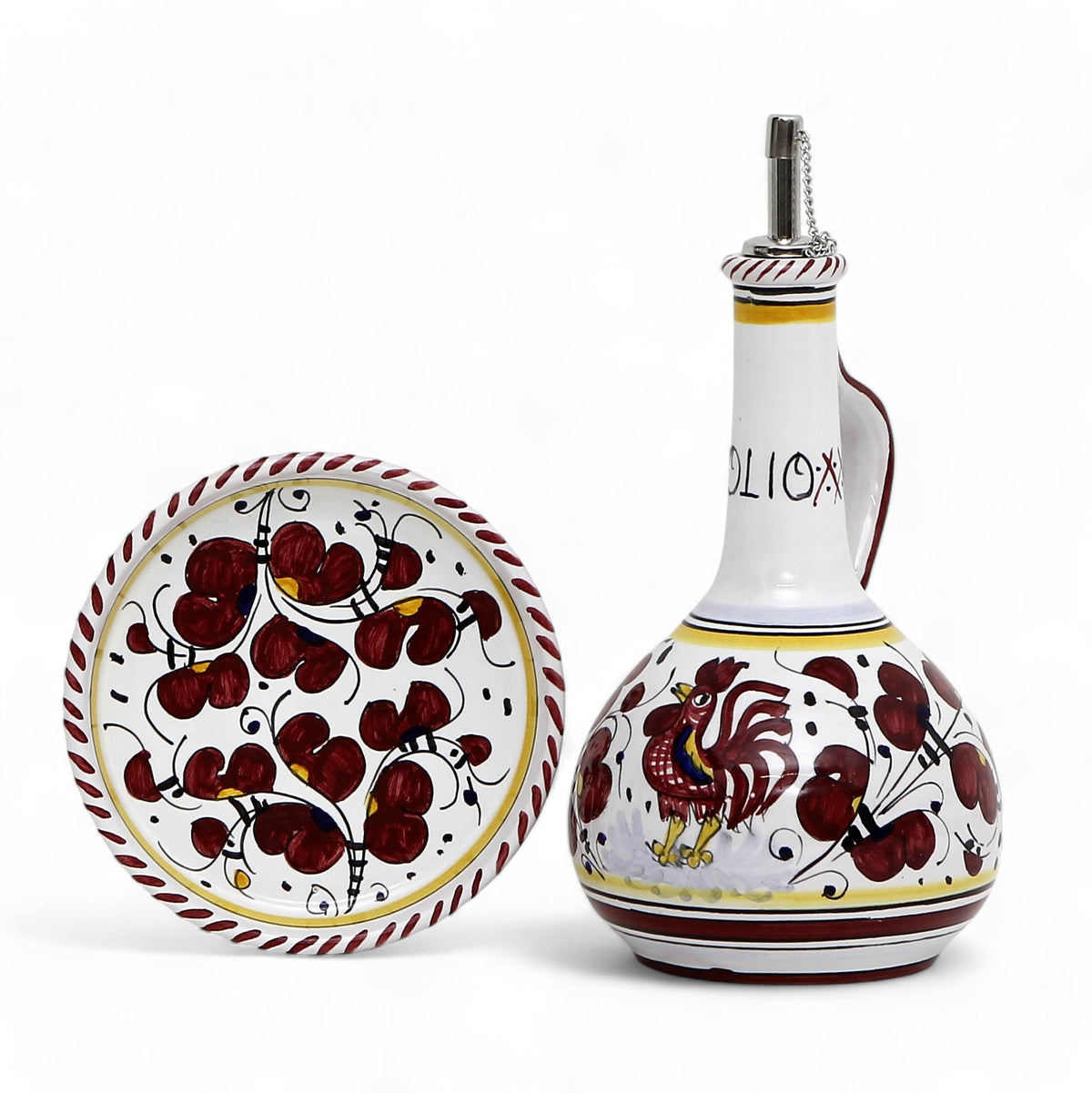 ORVIETO RED ROOSTER: Olive Oil Bottle Dispenser Deluxe with Dipping Bowl Tray