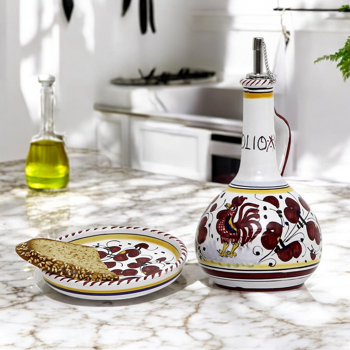 GIFT BOX: With Deruta Olive Oil Dispenser + Saucer/Dipping Bowl + EVOO bottle - ORVIETO RED  design