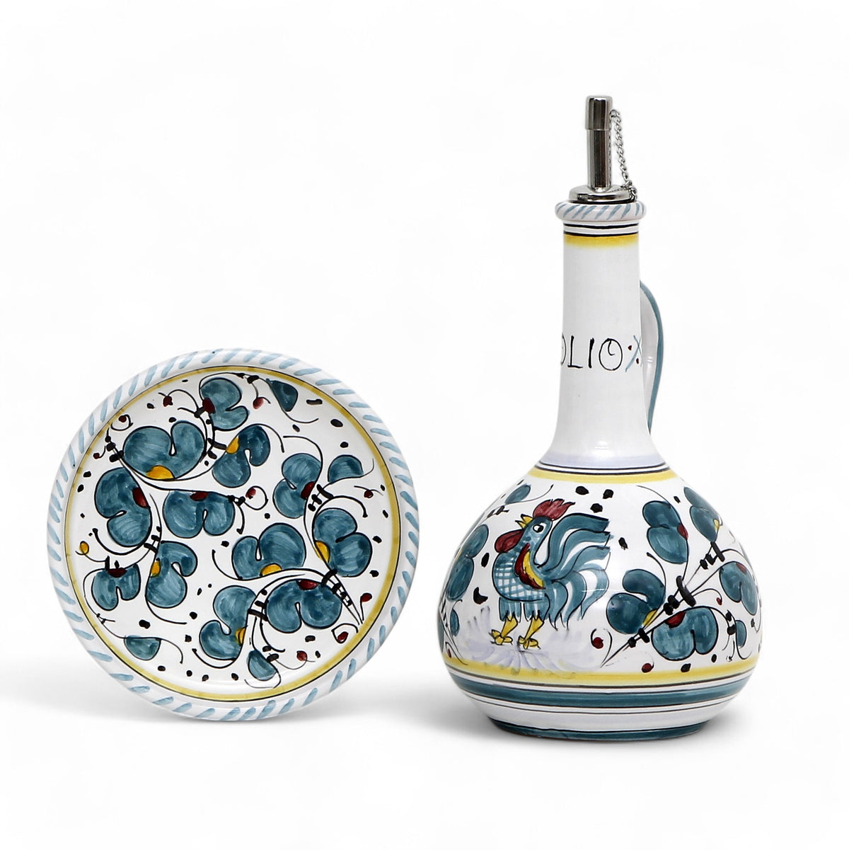 GIFT BOX: With Deruta Olive Oil Dispenser + Saucer/Dipping Bowl + EVOO bottle - ORVIETO GREEN design