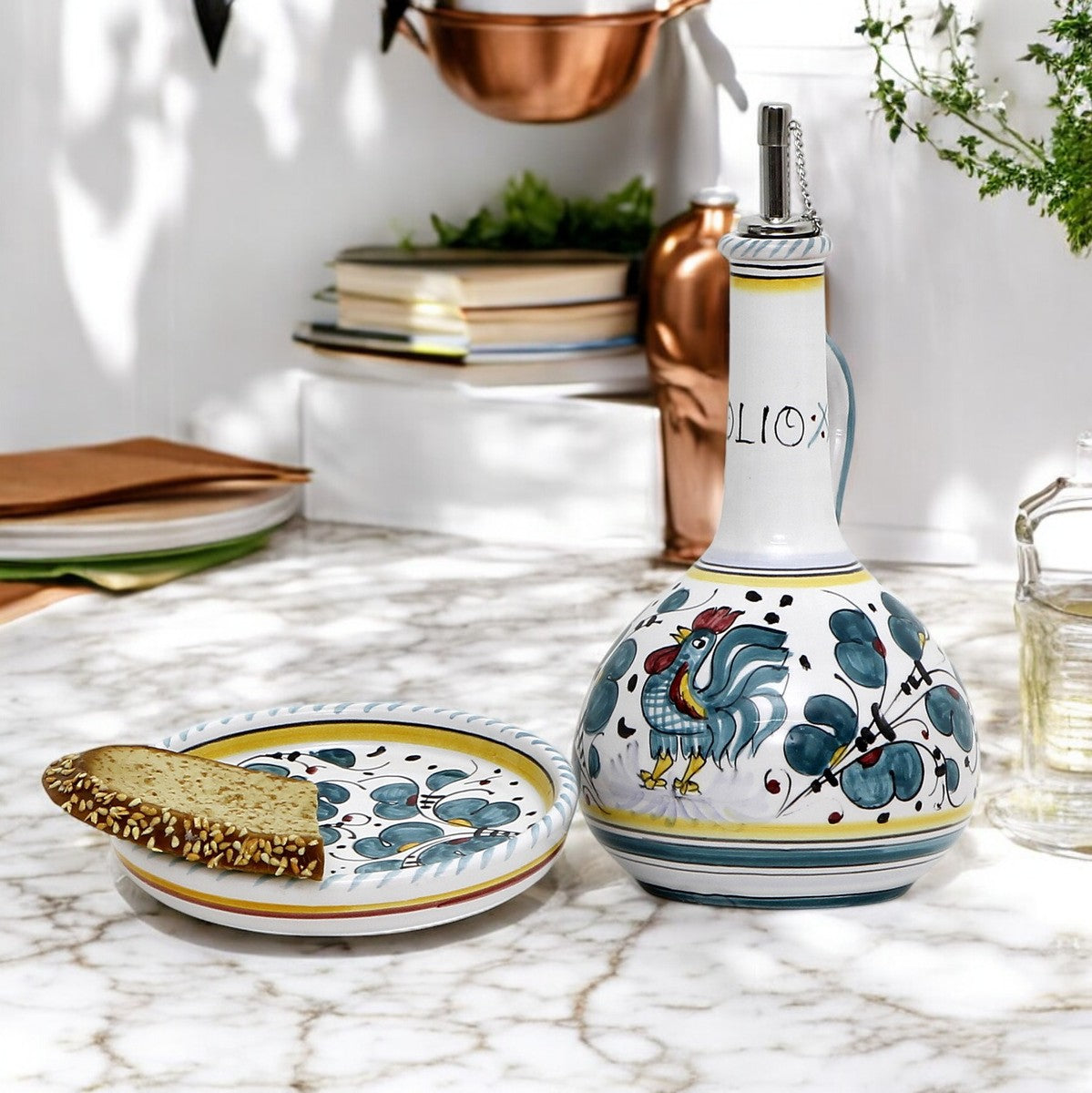 GIFT BOX: With Deruta Olive Oil Dispenser + Saucer/Dipping Bowl + EVOO bottle - GREEN ROOSTER design