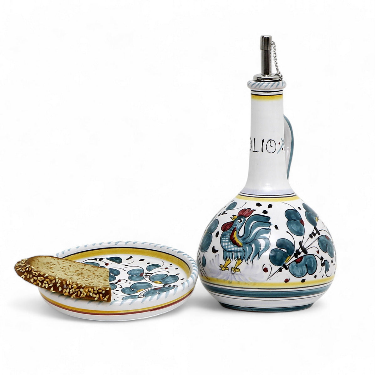 ORVIETO GREEN ROOSTER: Olive Oil Bottle Dispenser Deluxe with Dipping Bowl Tray