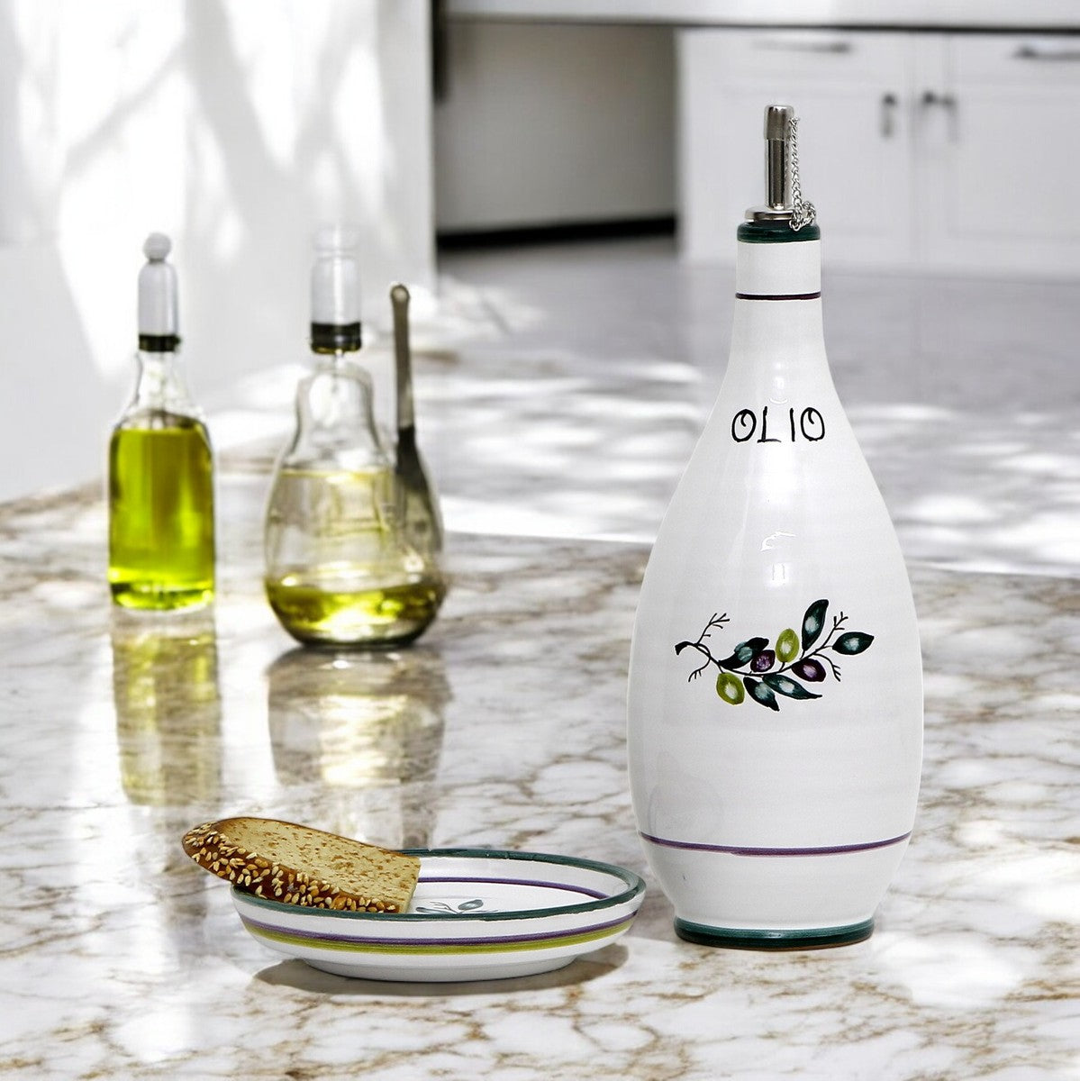 GIFT BOX: With Deruta Olive Oil Dispenser + Saucer/Dipping Bowl + EVOO bottle - OLIVE design