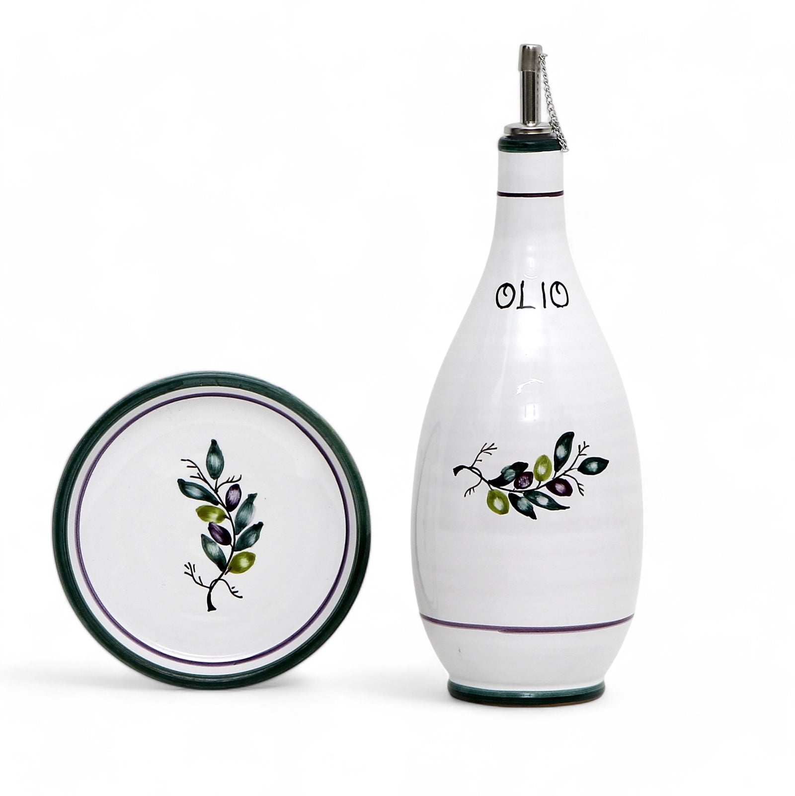 GIFT BOX: With Deruta Olive Oil Dispenser + Saucer/Dipping Bowl + EVOO bottle - OLIVE design