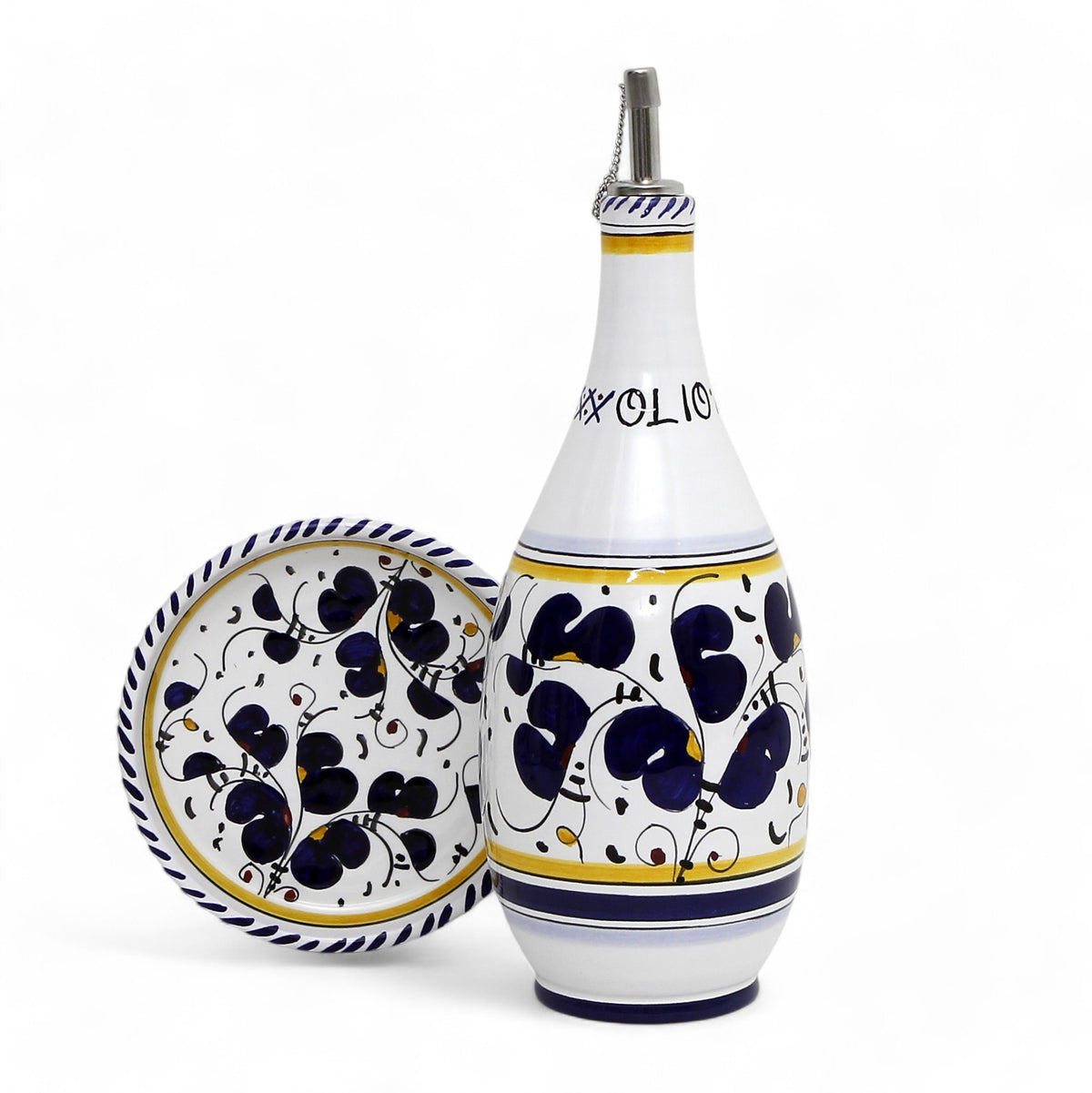 GIFT BOX: With Deruta Olive Oil Dispenser + Saucer/Dipping Bowl + EVOO bottle - ORVIETO BLUE  design