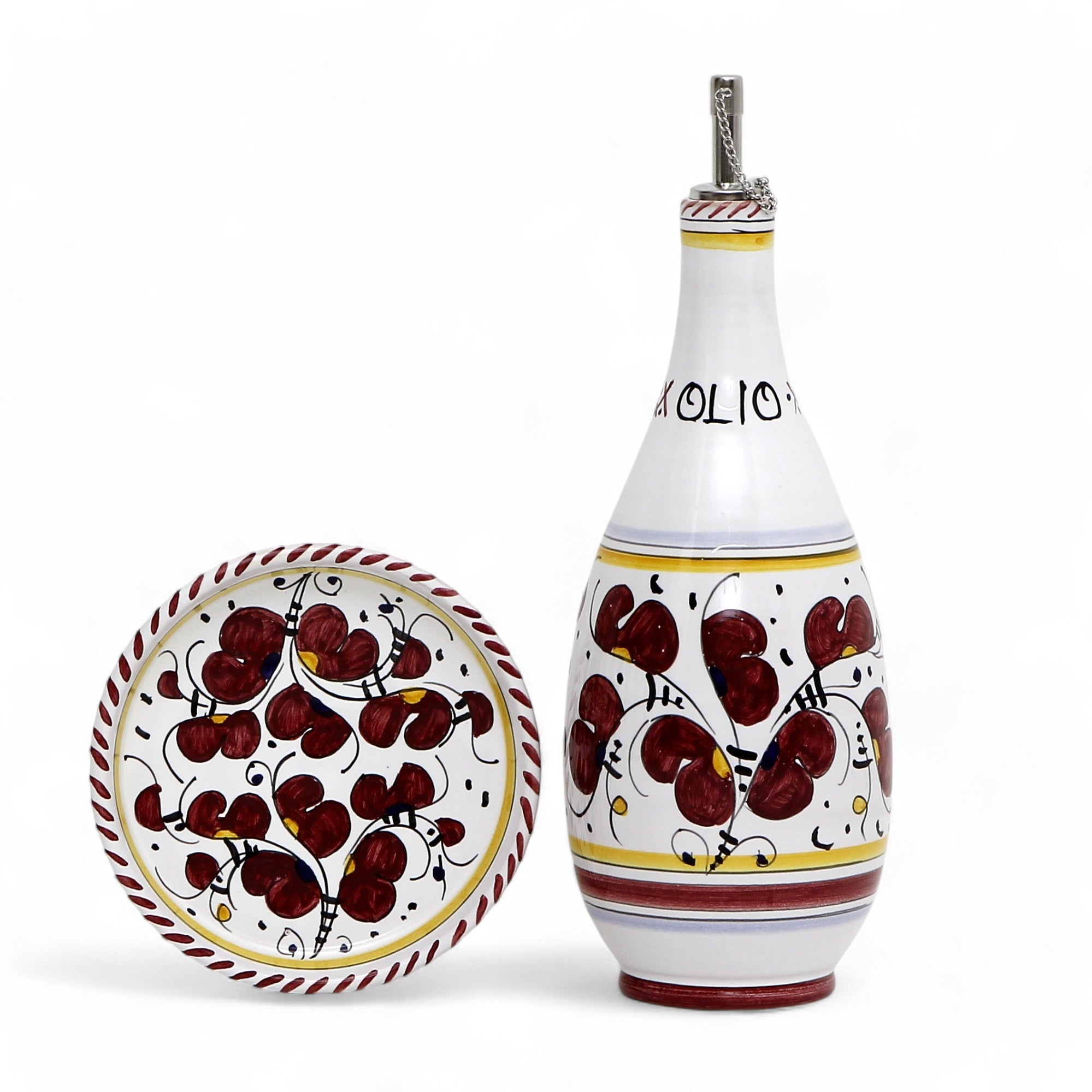 ORVIETO RED ROOSTER: Olive Oil Bottle Dispenser with Dipping Bowl/Tray
