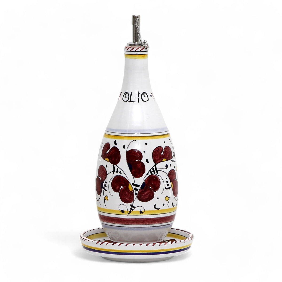 ORVIETO RED ROOSTER: Olive Oil Bottle Dispenser with Dipping Bowl/Tray