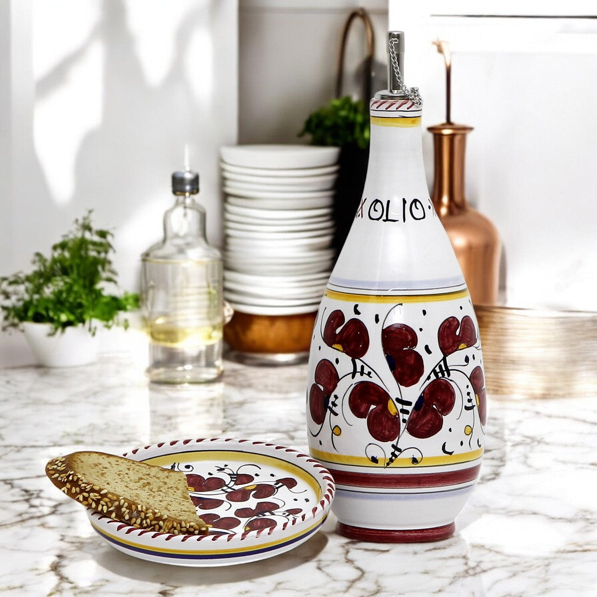 ORVIETO RED ROOSTER: Olive Oil Bottle Dispenser with Dipping Bowl/Tray