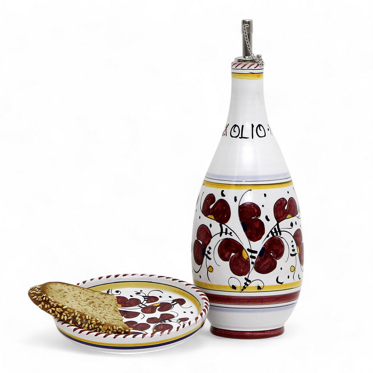 ORVIETO RED ROOSTER: Olive Oil Bottle Dispenser with Dipping Bowl/Tray