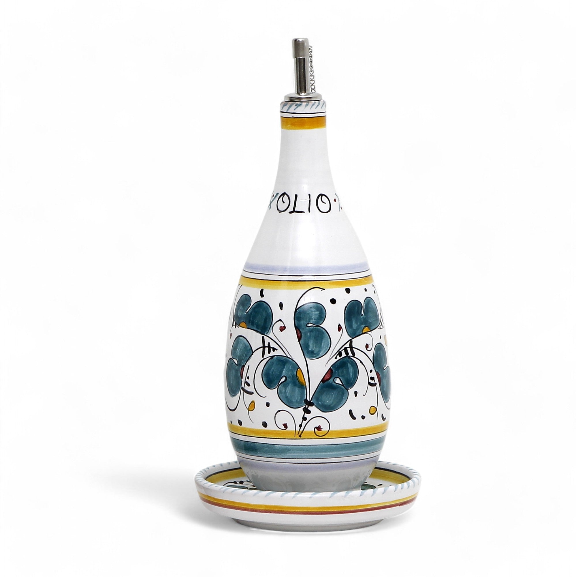 ORVIETO GREEN ROOSTER: Olive Oil Bottle Dispenser with Dipping Bowl/Tray