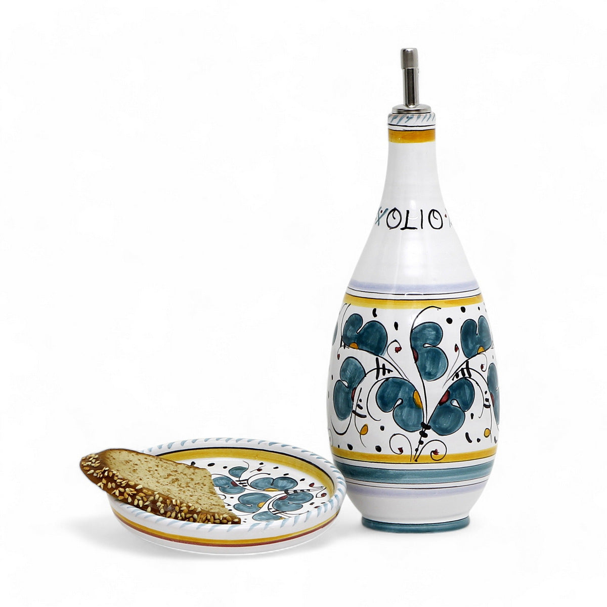 ORVIETO GREEN ROOSTER: Olive Oil Bottle Dispenser with Dipping Bowl/Tray