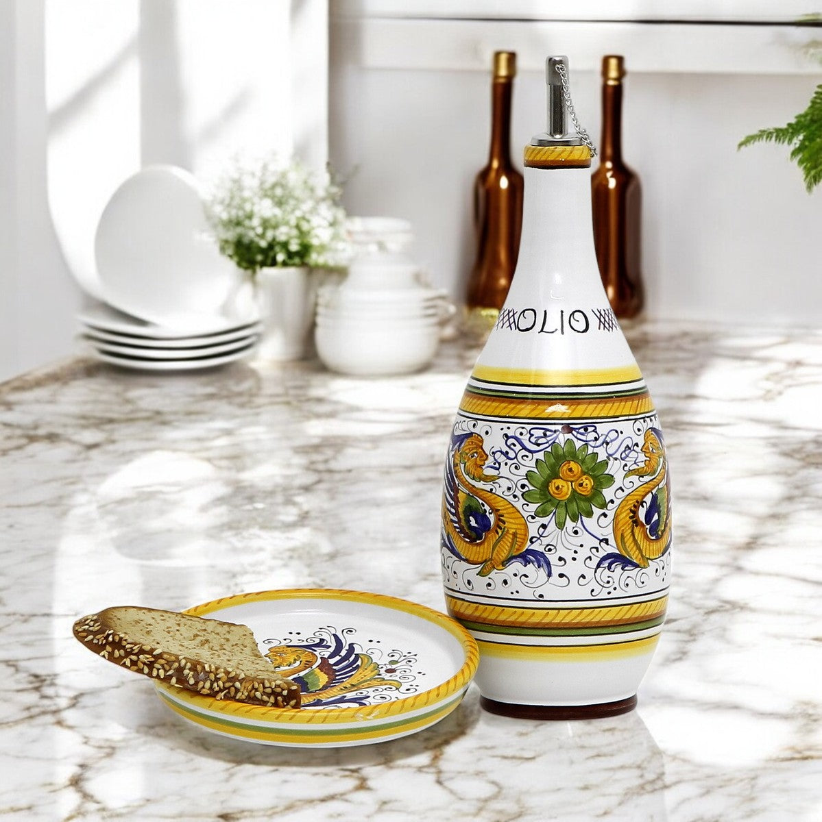 GIFT BOX: With Deruta Olive Oil Dispenser + Saucer/Dipping Bowl + EVOO bottle - RAFFAELLESCO design