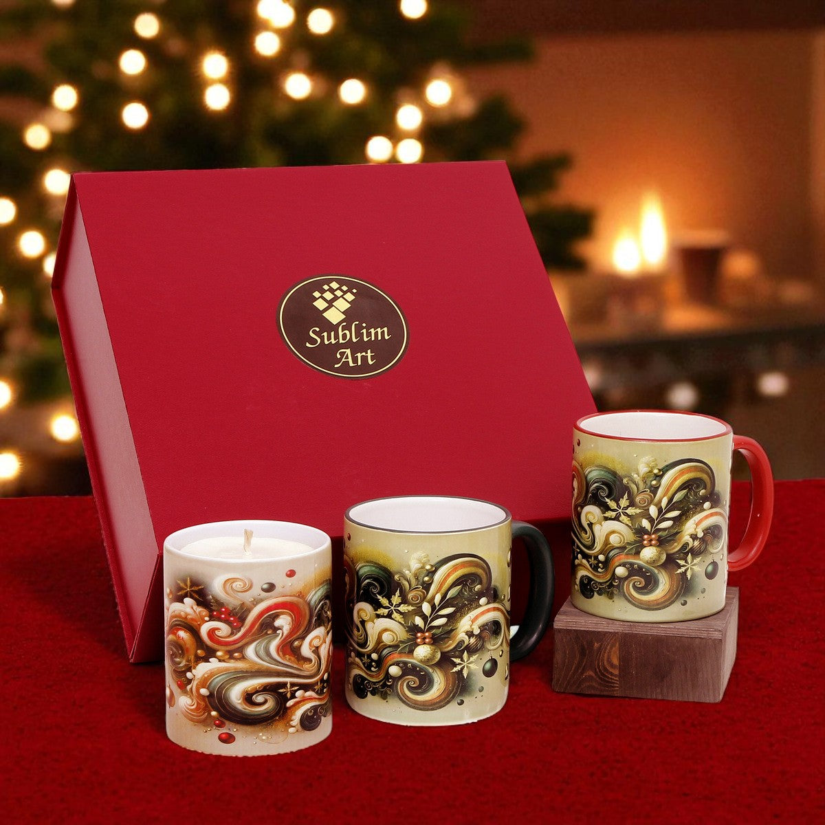 SUBLIMART: Christmas Boxed Bundle - 2 Mugs (Red+Green) + 1 Candle – Fluid Wave Design by RC Designs