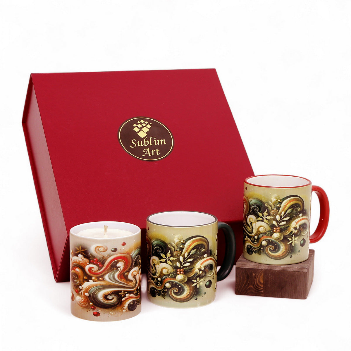 SUBLIMART: Christmas Boxed Bundle - 2 Mugs (Red+Green) + 1 Candle – Fluid Wave Design by RC Designs