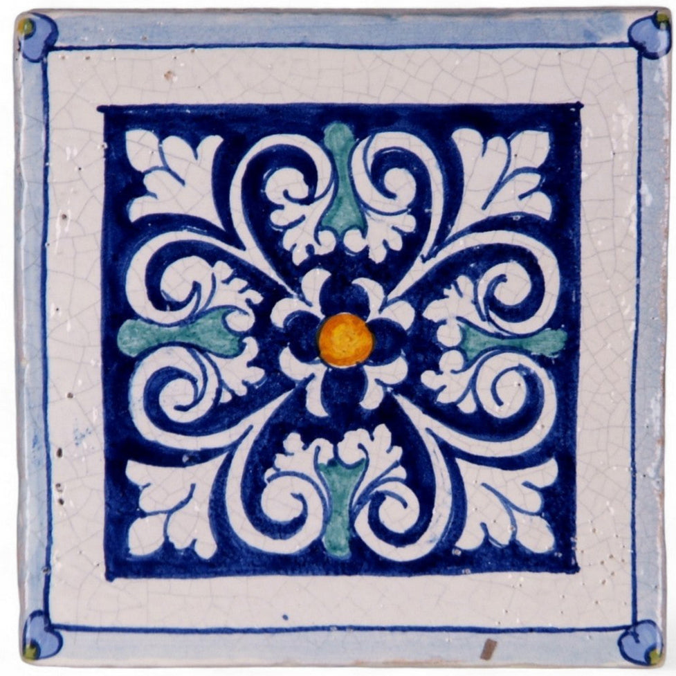 ANTICA DERUTA: Hand Painted Ceramic Authentic Deruta Tile Vario Deruta Fondo Blue+Teal