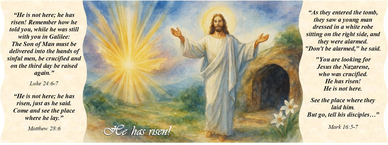 SUBLIMART: "He Has Risen!" Easter Candle - Porcelain Soy Wax Candle with Scripture Citations in English and Spanish.