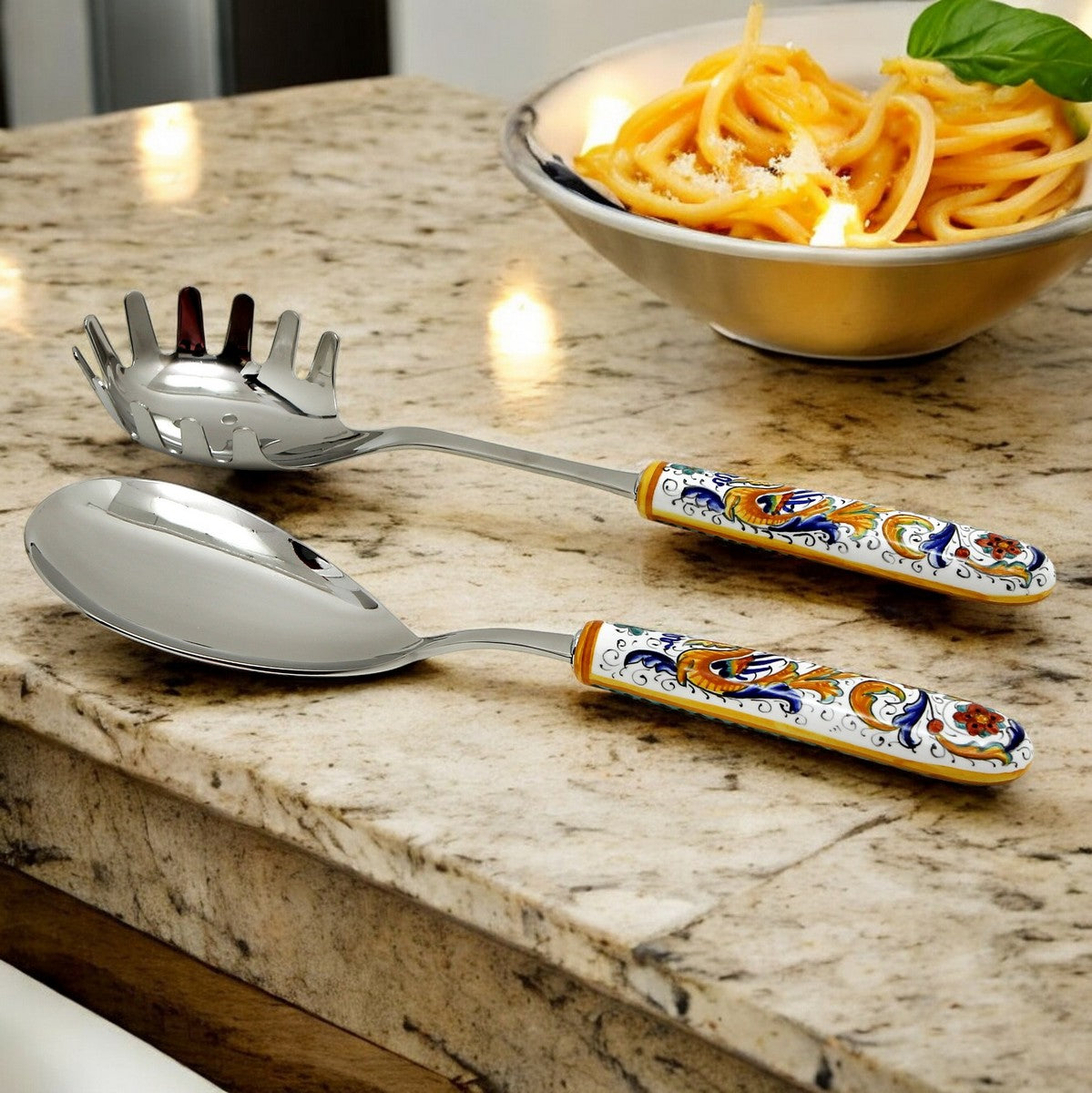 RAFFAELLESCO DELUXE: Ceramic Handle Spaghetti Tong and Risotto Spoon Ladle SET with 18/10 stainless steel cutlery. - tops-selection.shop