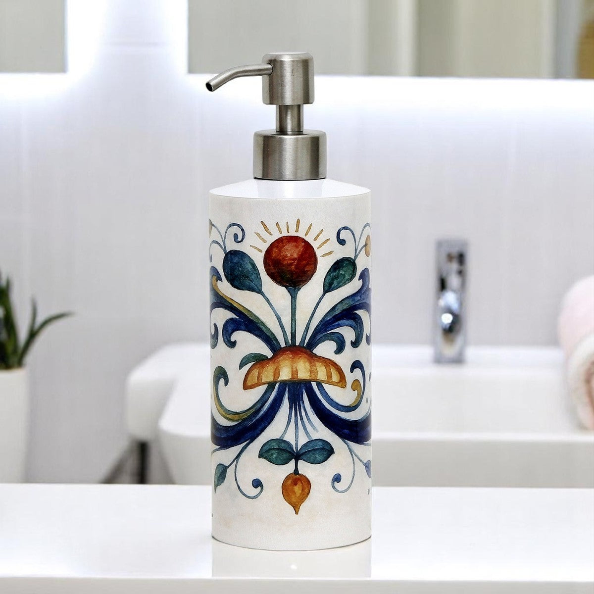 RICCO ITALIA DERUTA: Soap & Lotion dispenser with Satin Chrome metal pourer Ricco Italia Deruta Style