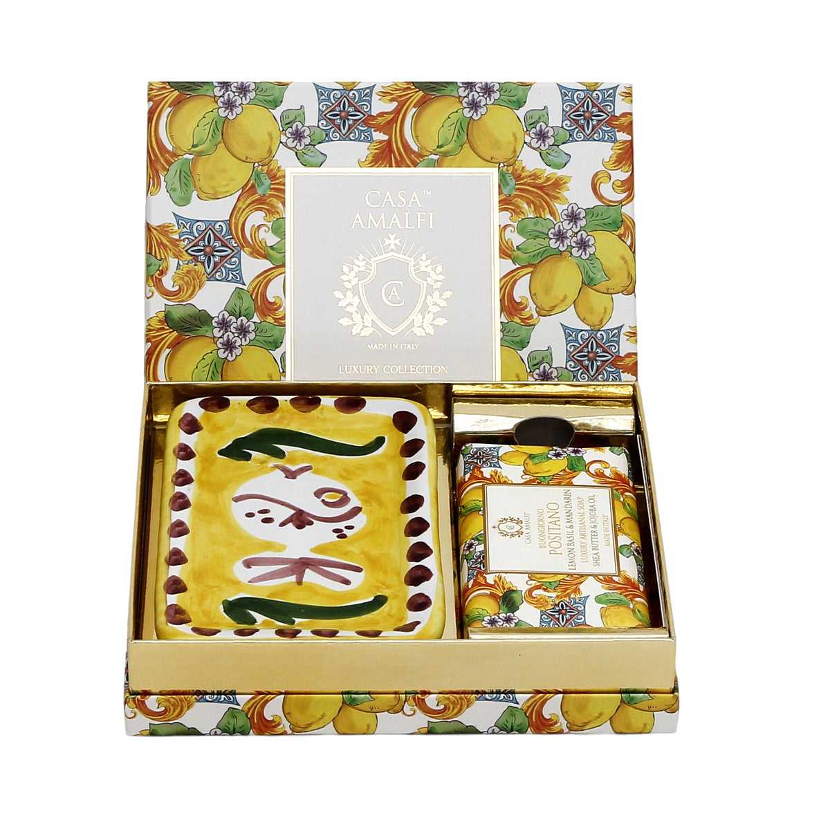 CASA AMALFI SOAPS: Scented Soap Bar with ceramic soap dish - Buongiorno Positano Set