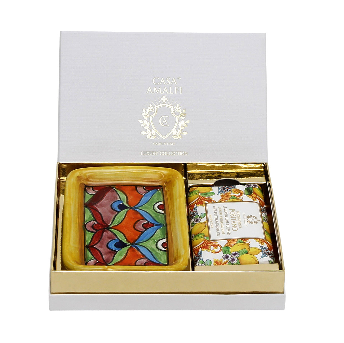 CASA AMALFI SOAPS: Scented Soap Bar with ceramic soap dish - Buongiorno Positano Set (White Box)