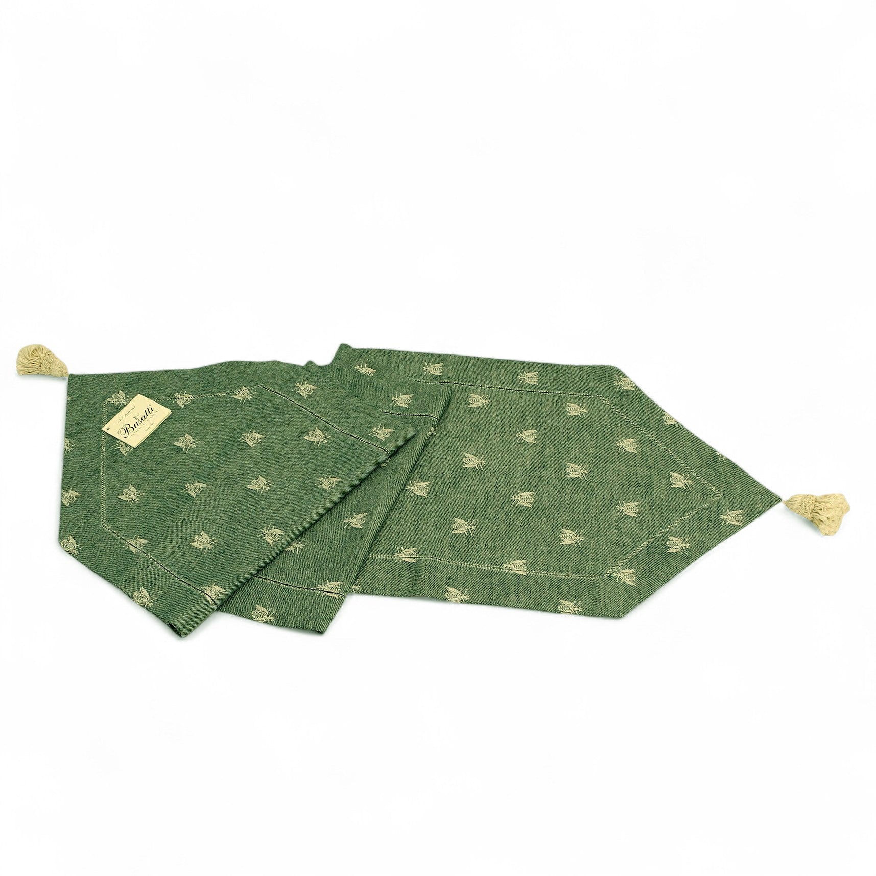 BUSATTI: Runner with tassels (60% Linen and 40% Cotton) GREEN with Bees (Reversible two tones)