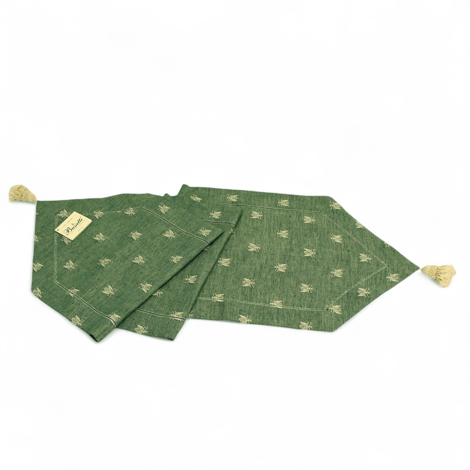 BUSATTI: Runner with tassels (60% Linen and 40% Cotton) GREEN with Bees (Reversible two tones)