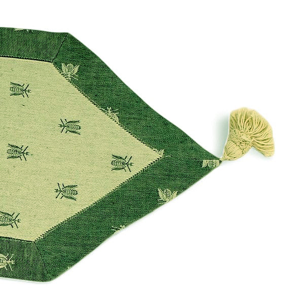 BUSATTI: Runner with tassels (60% Linen and 40% Cotton) GREEN with Bees (Reversible two tones)