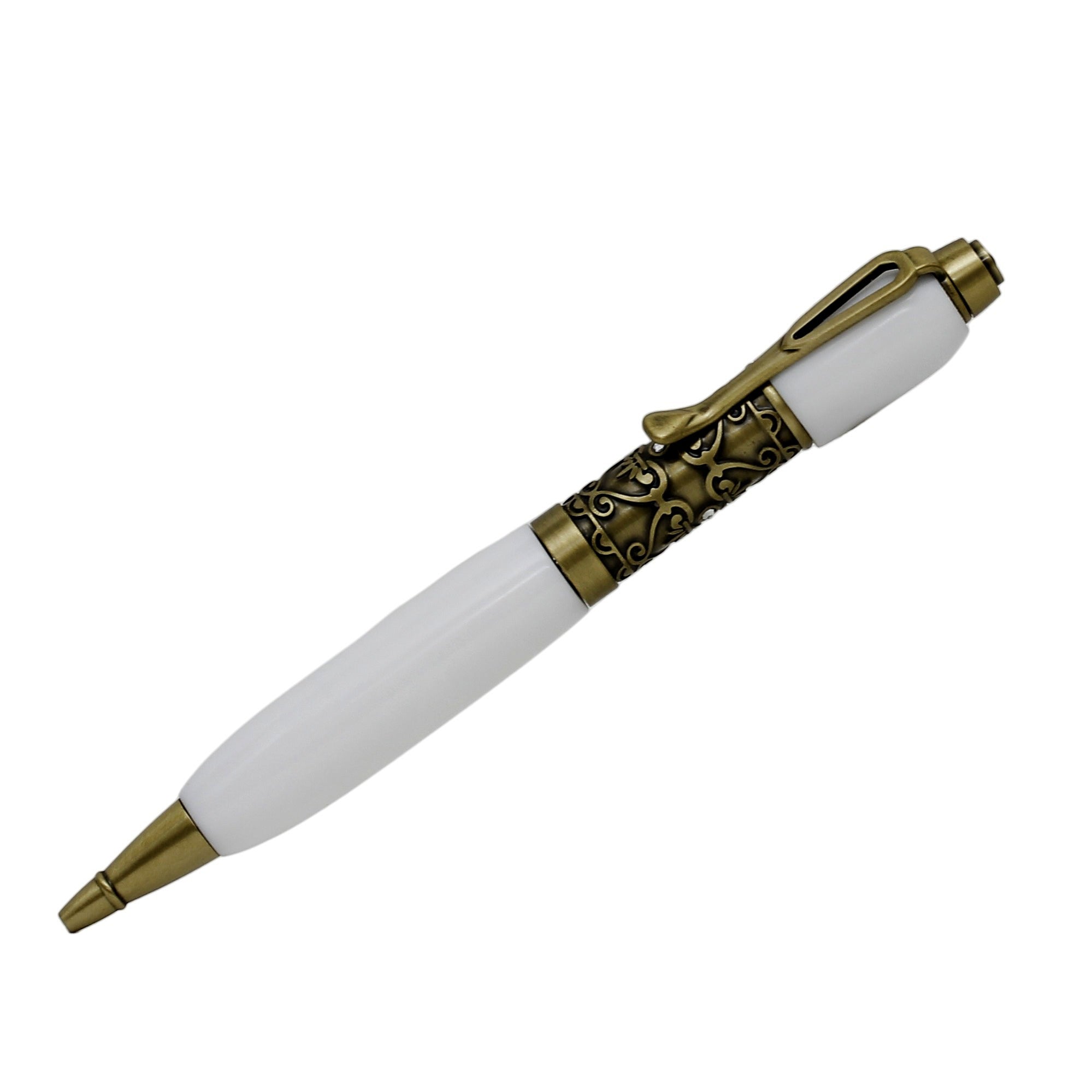 ART-PEN: Handcrafted Luxury Twist Rollerball Pen - Antique Deruta Vario design Brass finish with WHITE acrylic hand turned body - tops-selection.shop