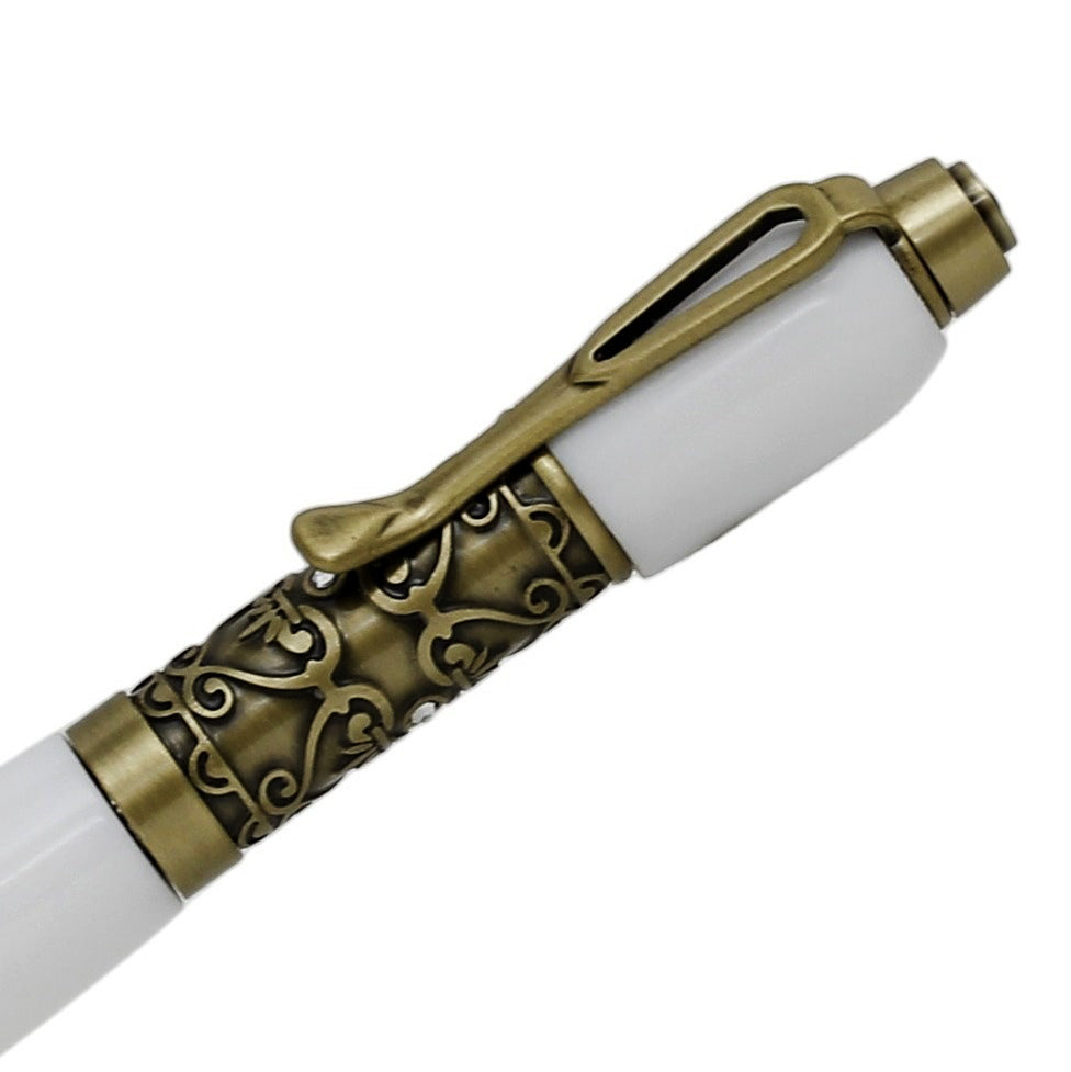ART-PEN: Handcrafted Luxury Twist Rollerball Pen - Antique Deruta Vario design Brass finish with WHITE acrylic hand turned body - tops-selection.shop