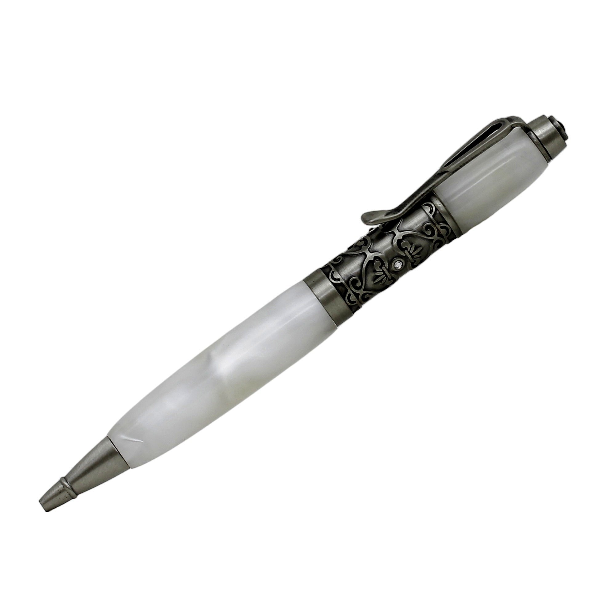 ART-PEN: Handcrafted Luxury Twist Rollerball Pen - Antique Pewter Deruta Vario design finish with MOTHER OF PEARL PEARL acrylic hand turned body - tops-selection.shop