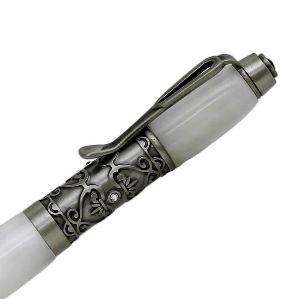 ART-PEN: Handcrafted Luxury Twist Rollerball Pen - Antique Pewter Deruta Vario design finish with MOTHER OF PEARL PEARL acrylic hand turned body - tops-selection.shop
