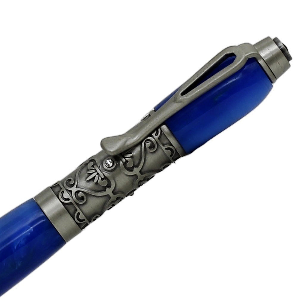 ART-PEN: Handcrafted Luxury Twist Rollerball Pen - Antique Pewter Deruta Vario design finish with SKY BLUE acrylic hand turned body - tops-selection.shop