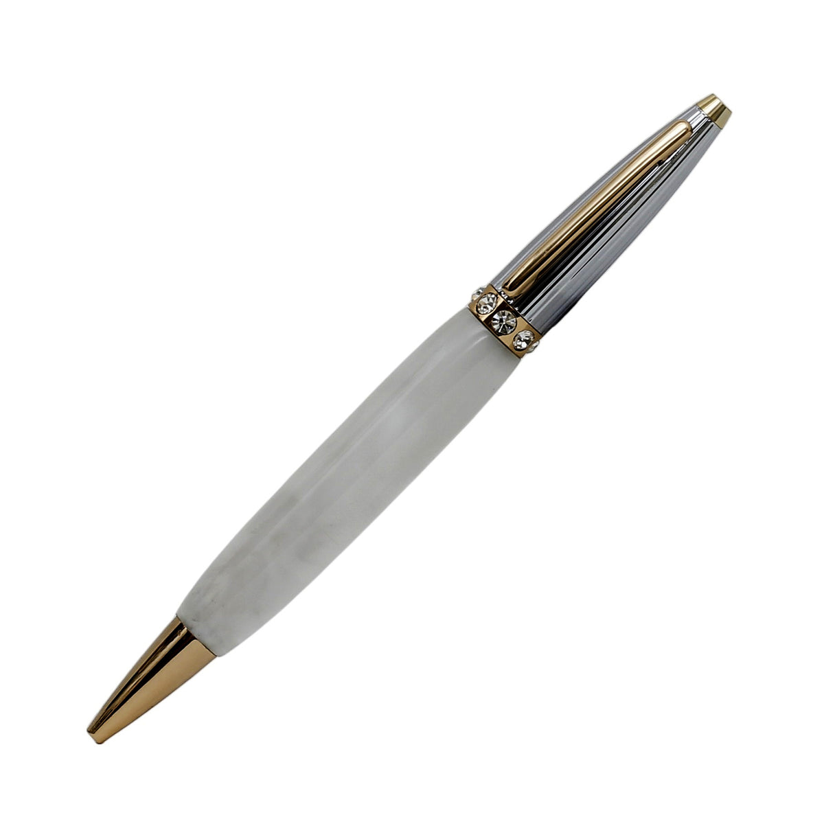 ART-PEN: Handcrafted Luxury Twist Rollerball Pen - GOLD/SILVER Principessa design with WHITE acrylic hand turned body - tops-selection.shop