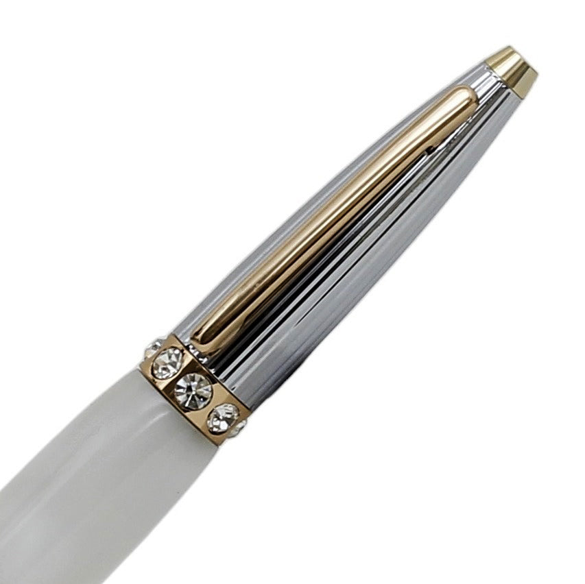 ART-PEN: Handcrafted Luxury Twist Rollerball Pen - GOLD/SILVER Principessa design with WHITE acrylic hand turned body - tops-selection.shop
