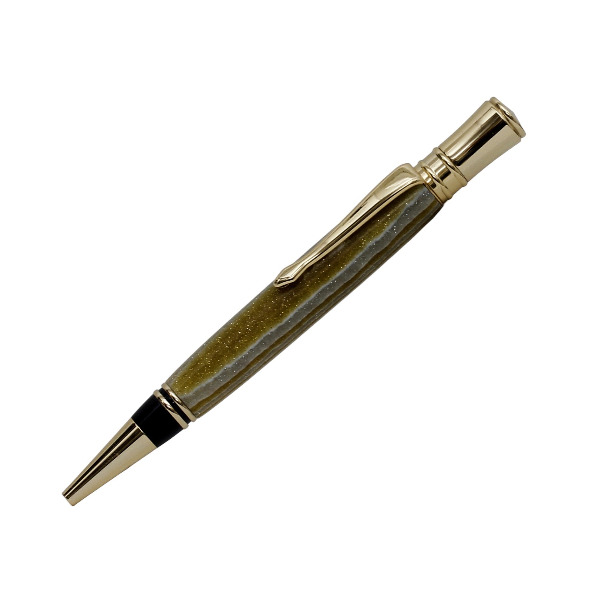 ART-PEN: Handcrafted Luxury Twist Rollerball Pen - Gold with STARLIGHT OLIVE GREEN acrylic hand turned body - tops-selection.shop