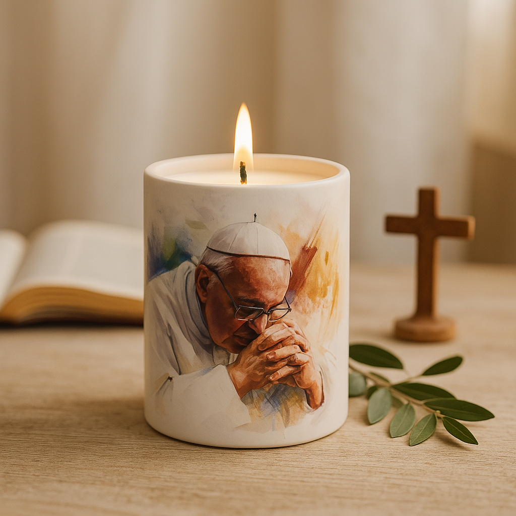 Pope Francis Prayer Candle – Porcelain Tumbler with Soy Wax & Healing Blessing