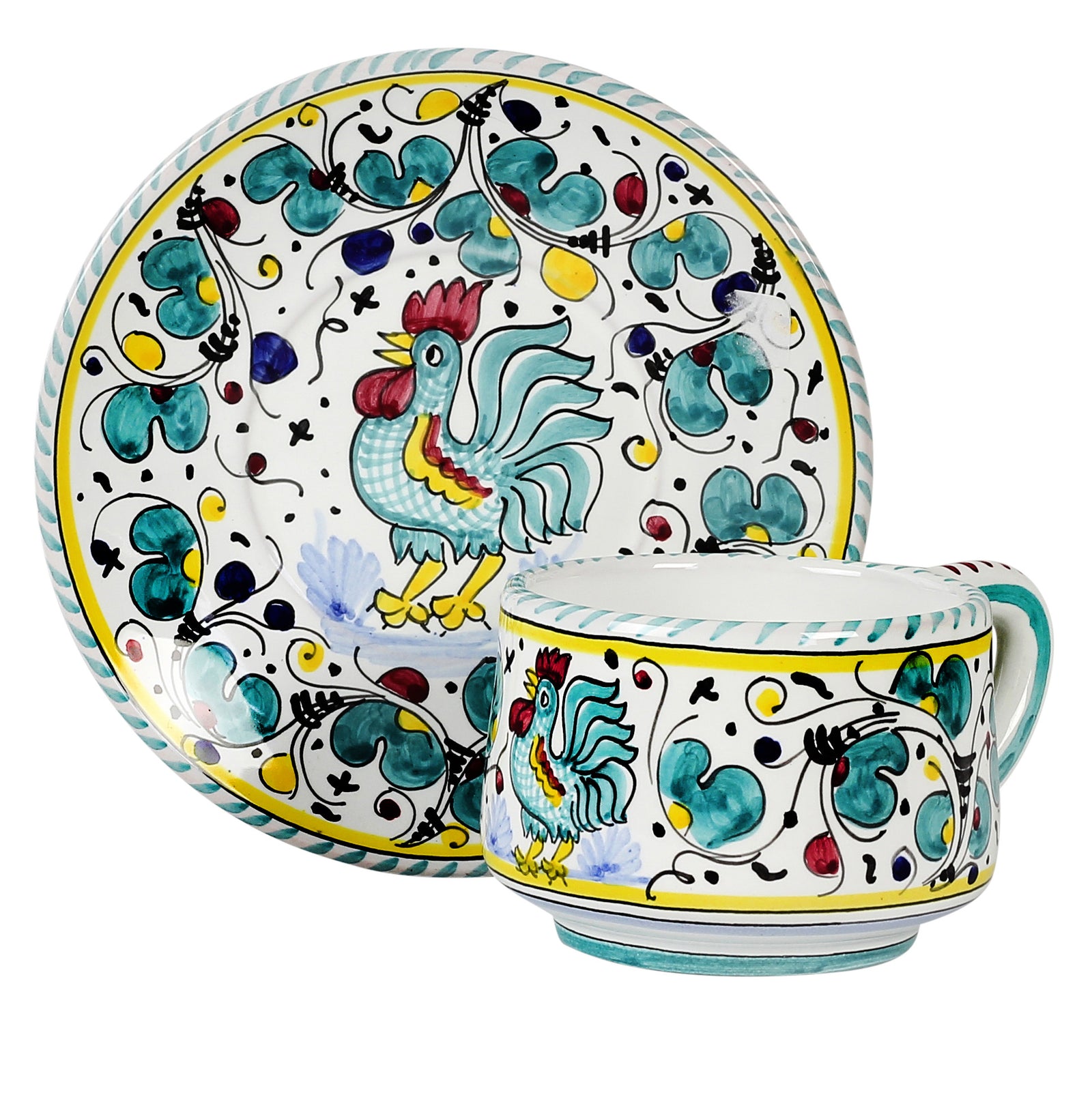 ORVIETO GREEN ROOSTER: Tea/Coffee Cup and Saucer - tops-selection.shop