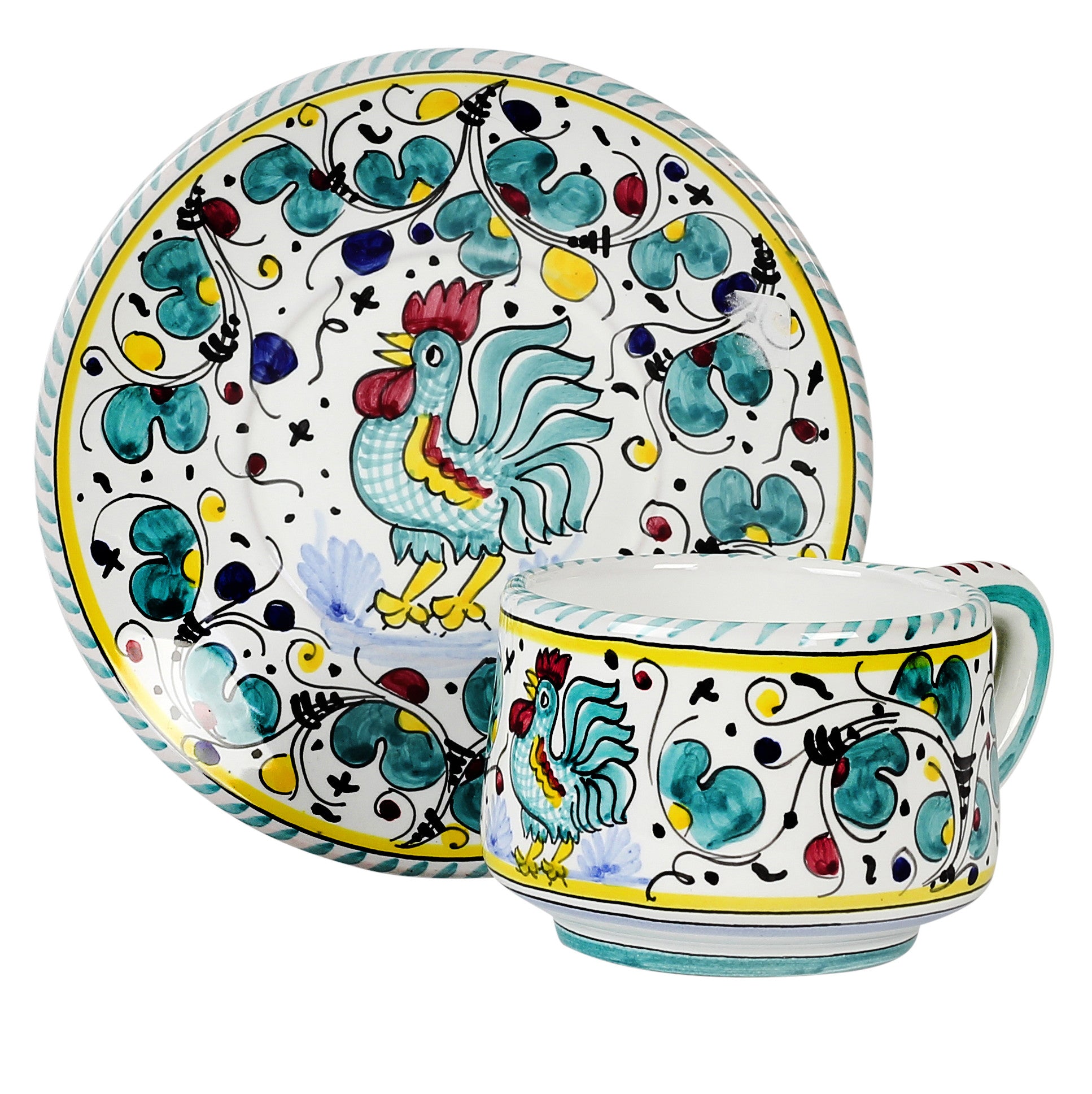 ORVIETO GREEN ROOSTER: Tea/Coffee Cup and Saucer - tops-selection.shop