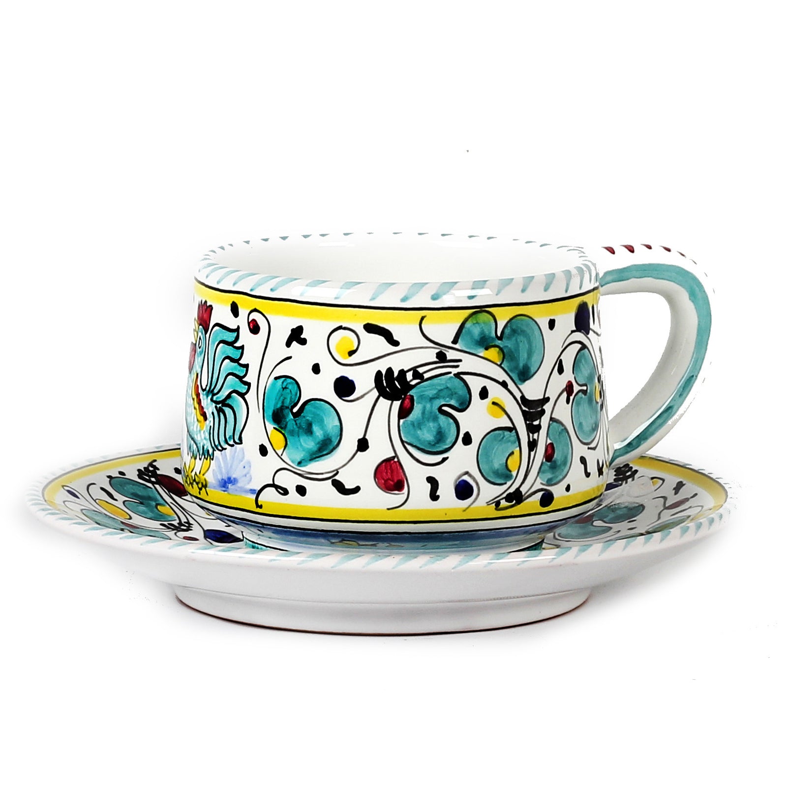 ORVIETO GREEN ROOSTER: Tea/Coffee Cup and Saucer - tops-selection.shop