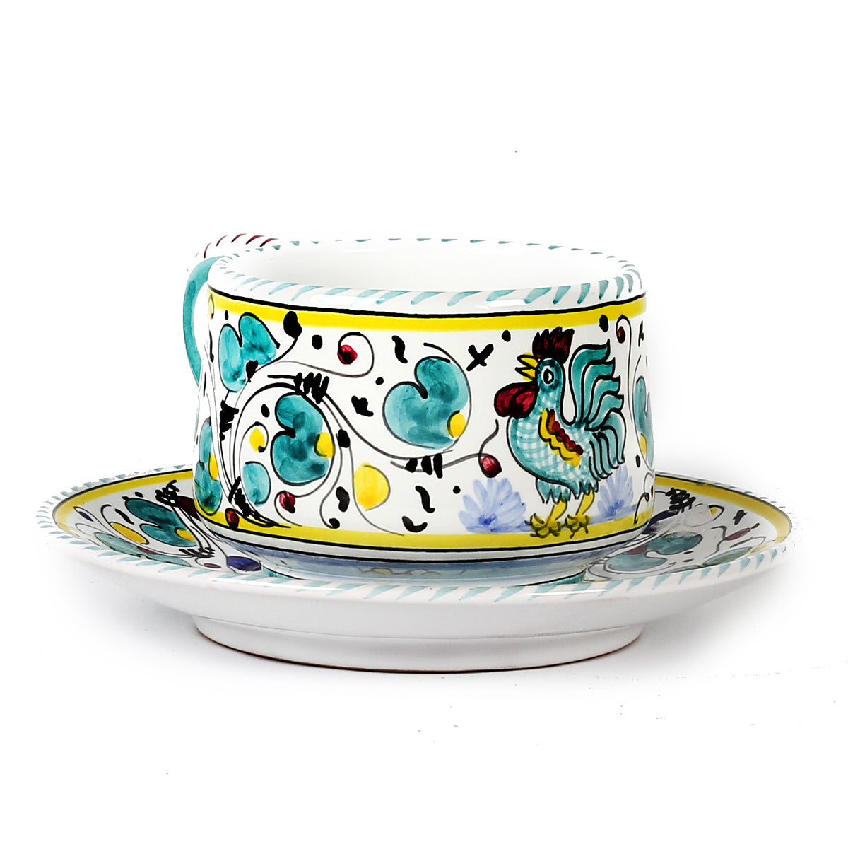 ORVIETO GREEN ROOSTER: Tea/Coffee Cup and Saucer - tops-selection.shop