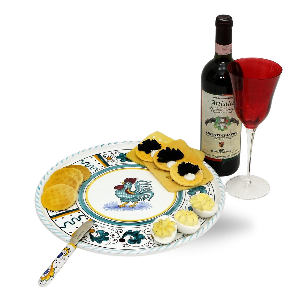 ORVIETO GREEN ROOSTER: Deruta Pizza Plate - Cake or Cheese Platter. - tops-selection.shop