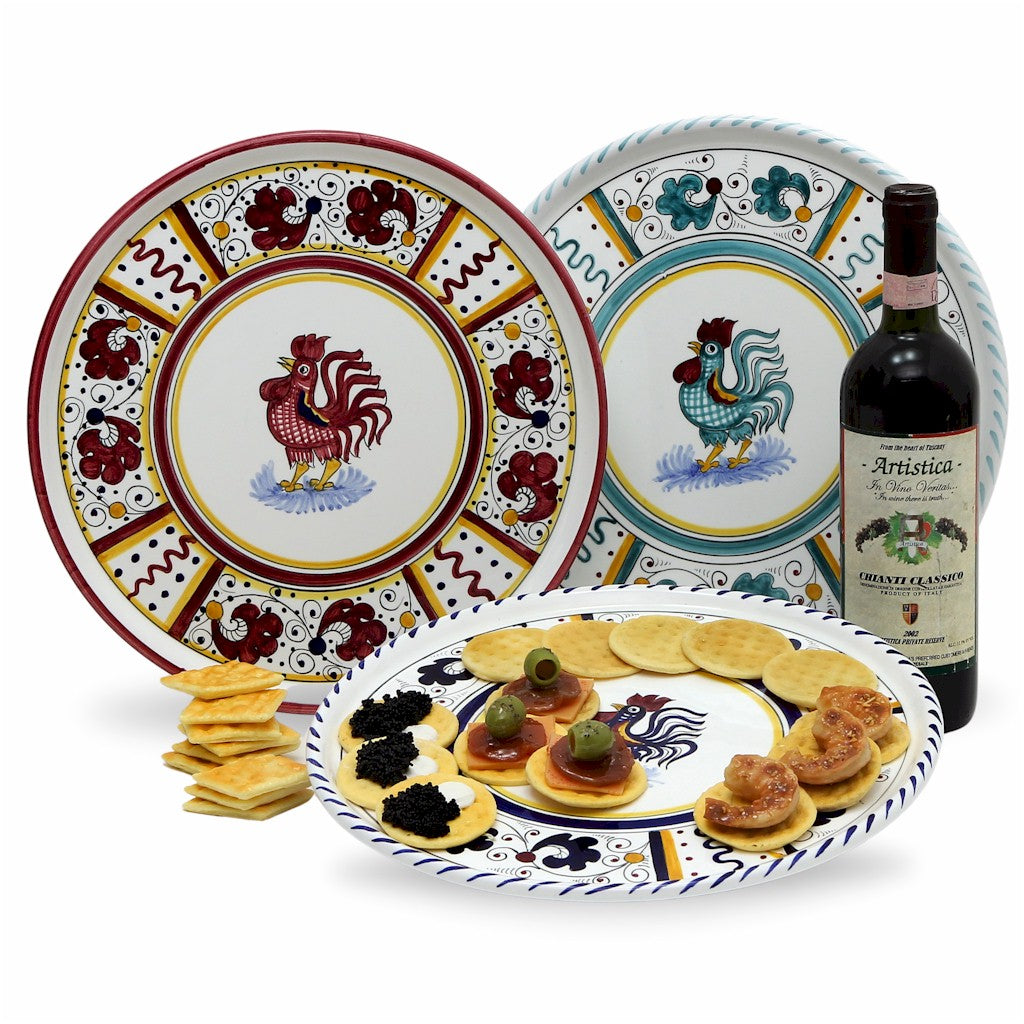 ORVIETO GREEN ROOSTER: Deruta Pizza Plate - Cake or Cheese Platter. - tops-selection.shop