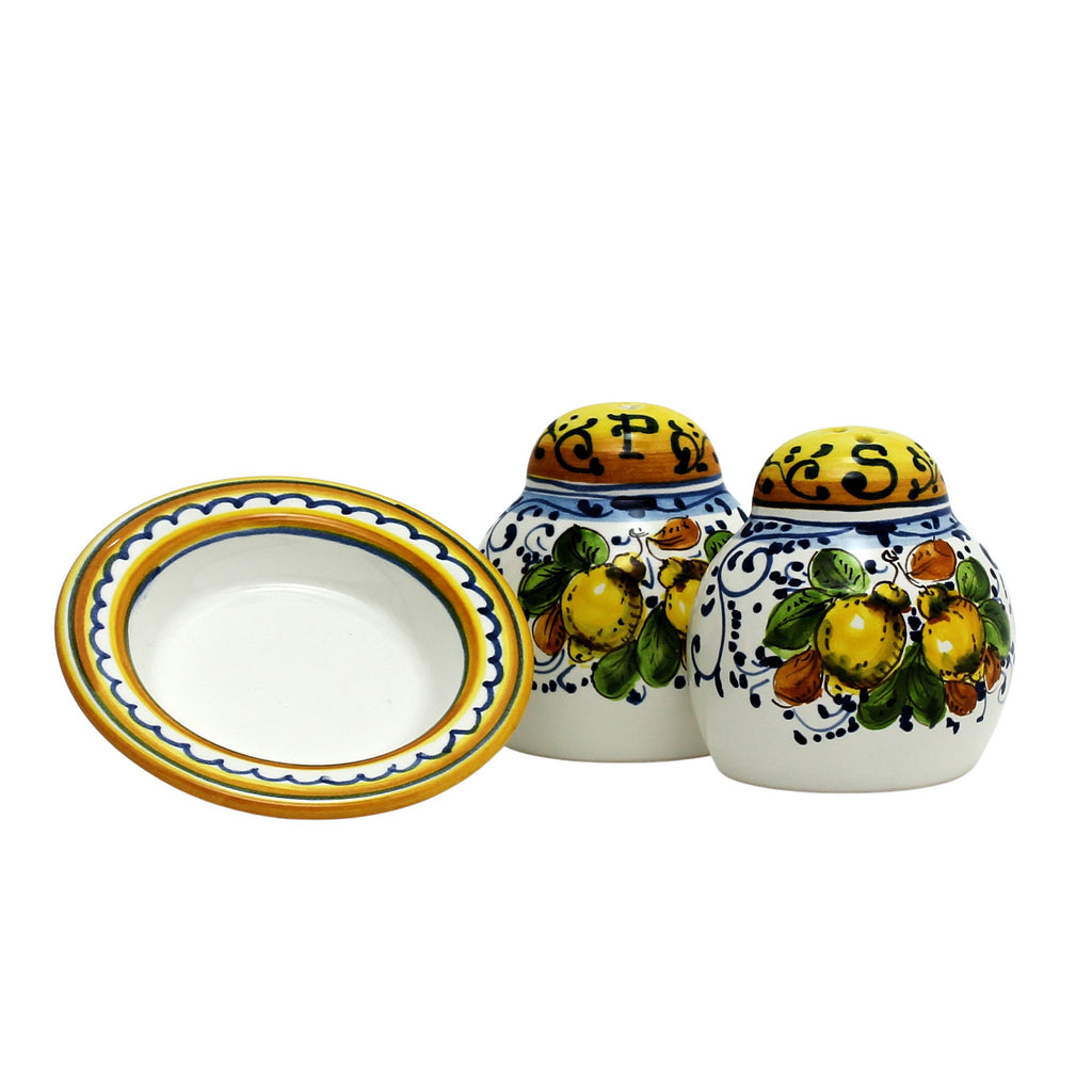 LIMONCINI: 'The Better Half' Salt and Pepper set with tray/saucer - tops-selection.shop