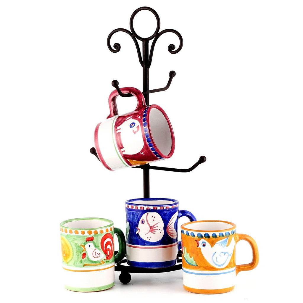 VIETRI: CAMPAGNA 4 Mugs Set as shown and wrought iron four arms mug stand tree (1010/POR.GNA.PES.UCC.55464-TRI) - tops-selection.shop