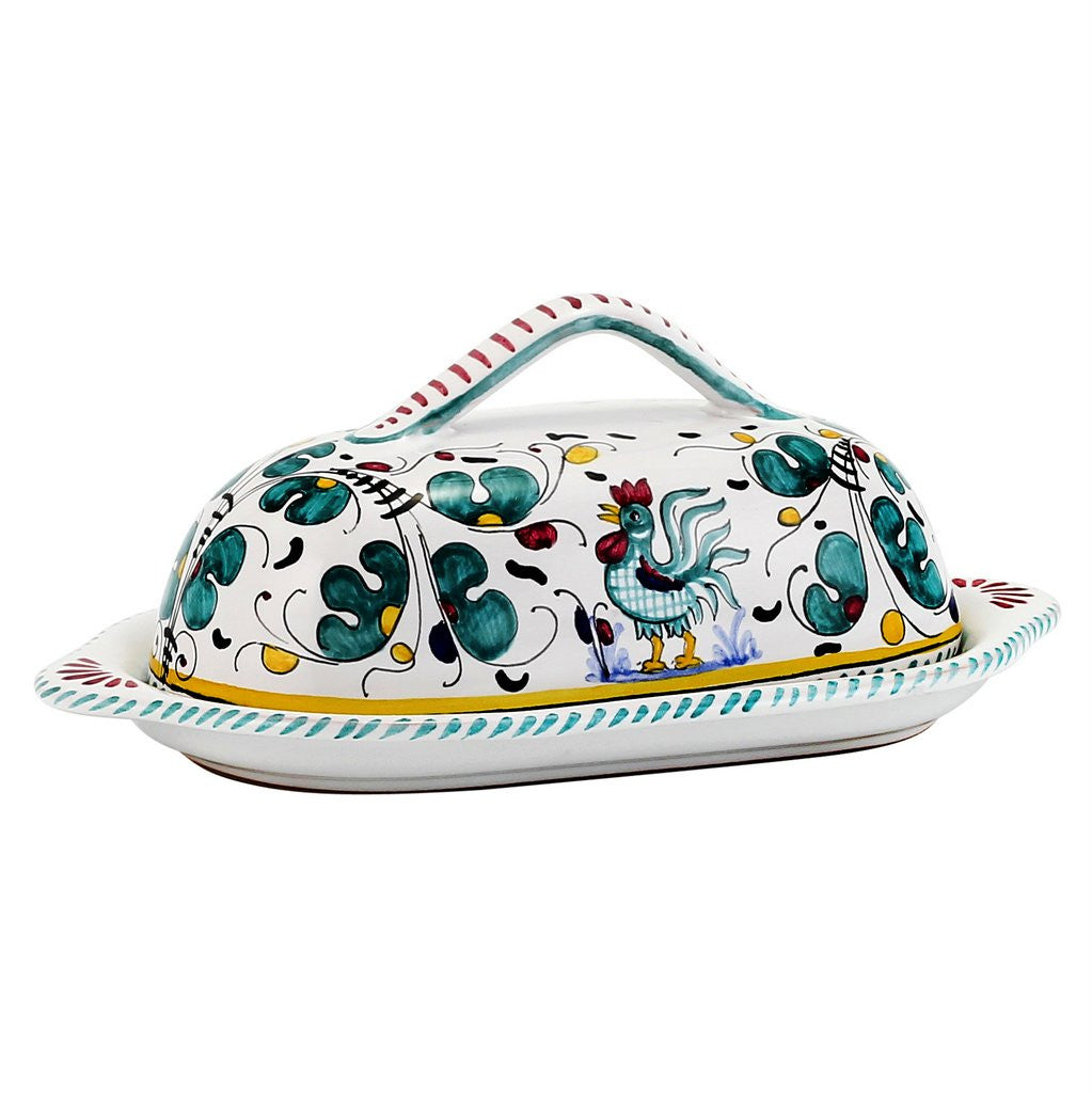 ORVIETO GREEN ROOSTER: Butter Dish w cover - tops-selection.shop