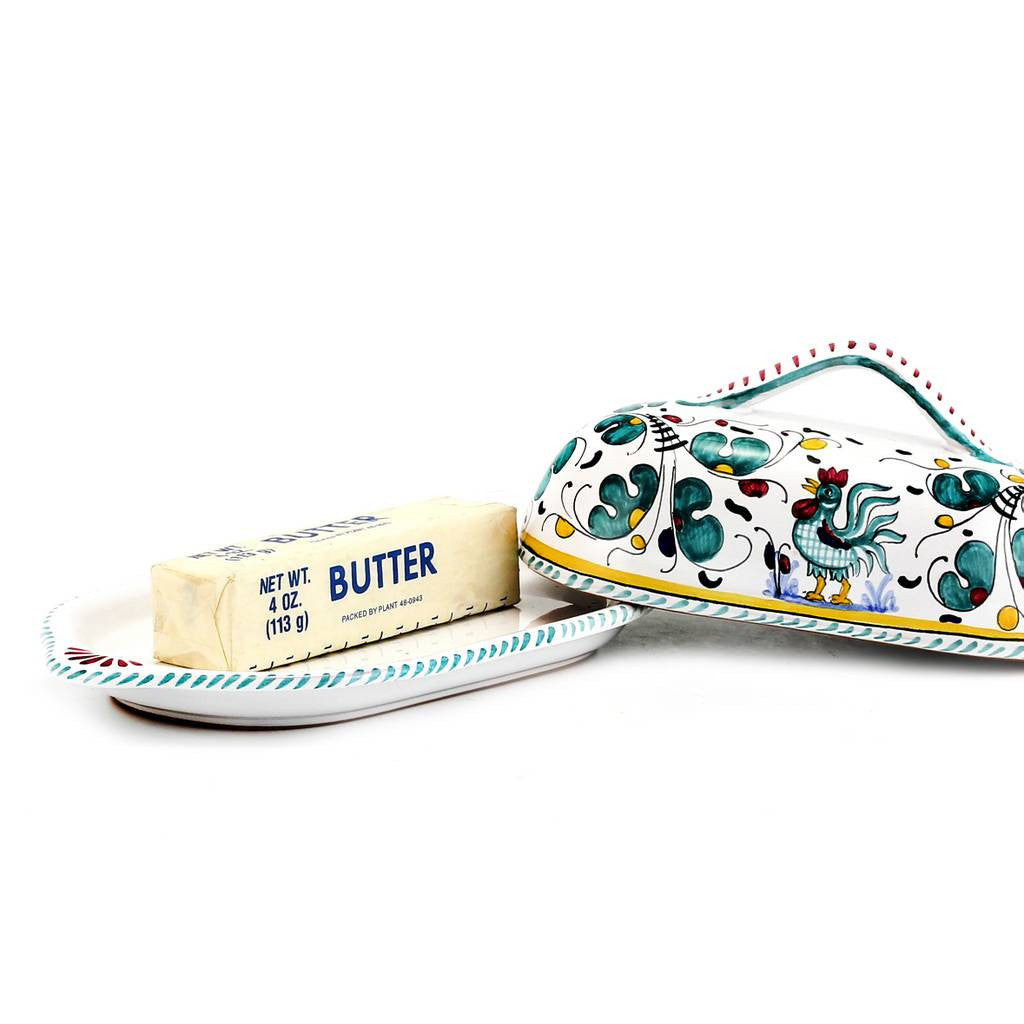 ORVIETO GREEN ROOSTER: Butter Dish w cover - tops-selection.shop