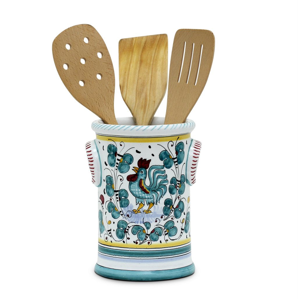 ORVIETO GREEN ROOSTER: Bundle with Utensil Holder + Olive Oil Dispenser + Biscotti Jar - tops-selection.shop