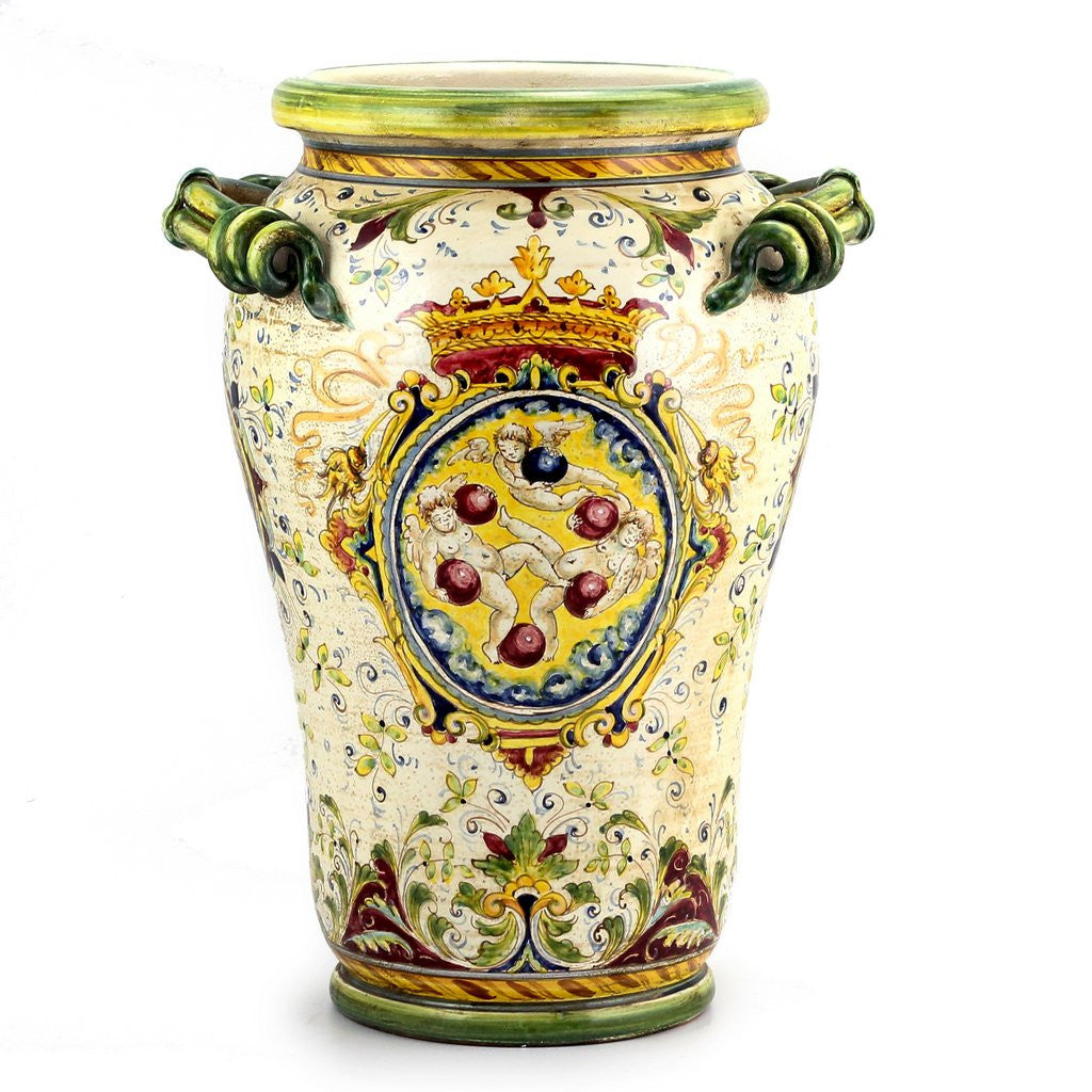 MAJOLICA MEDICI: Large Vase Umbrella Stand with two handles and DeMedici Crest - tops-selection.shop