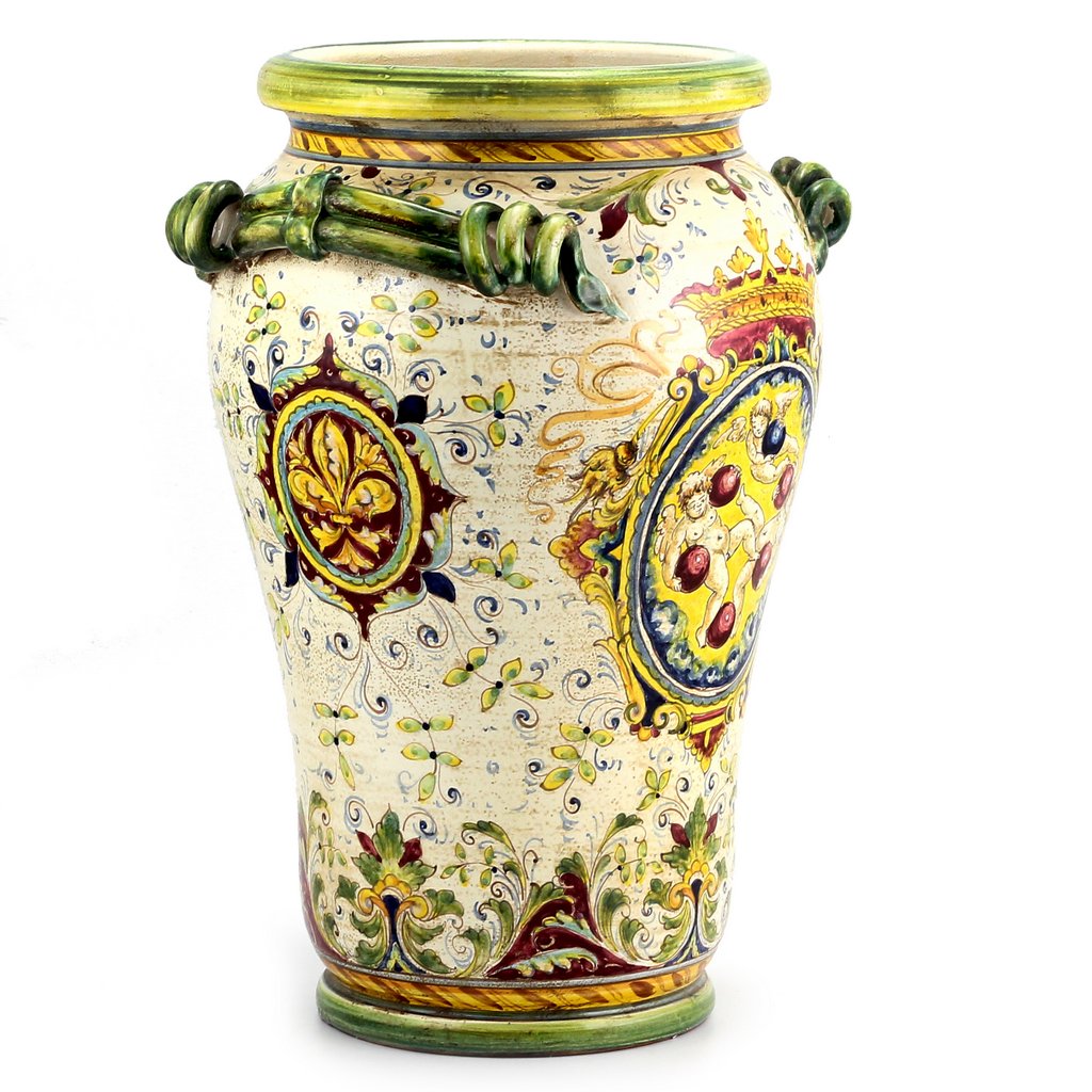 MAJOLICA MEDICI: Large Vase Umbrella Stand with two handles and DeMedici Crest - tops-selection.shop
